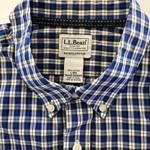 L.L. Bean Cotton Wrinkle Resistant Slightly Fitted Navy Check LS Shirt‎ Large